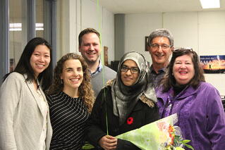 Facing History and Woburn Collegiate staff join in celebrating Shireen's win. L to R: Jasmine Wong, Leora Schaefer, Ben Gross, Shireen Afzal, Ron Hoffman and Karen Hume