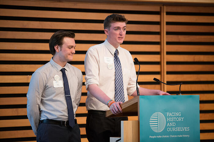 Left to Right: Students Ryan Venedam and Stephan Goslinski speaking of Nate's inspiration in their lives.  Photo credit: Nick Kozak
