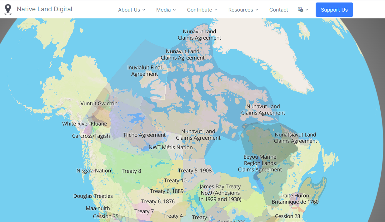 screen capture of map featuring Agreements, Treaties and un-treatied lands by colour and title